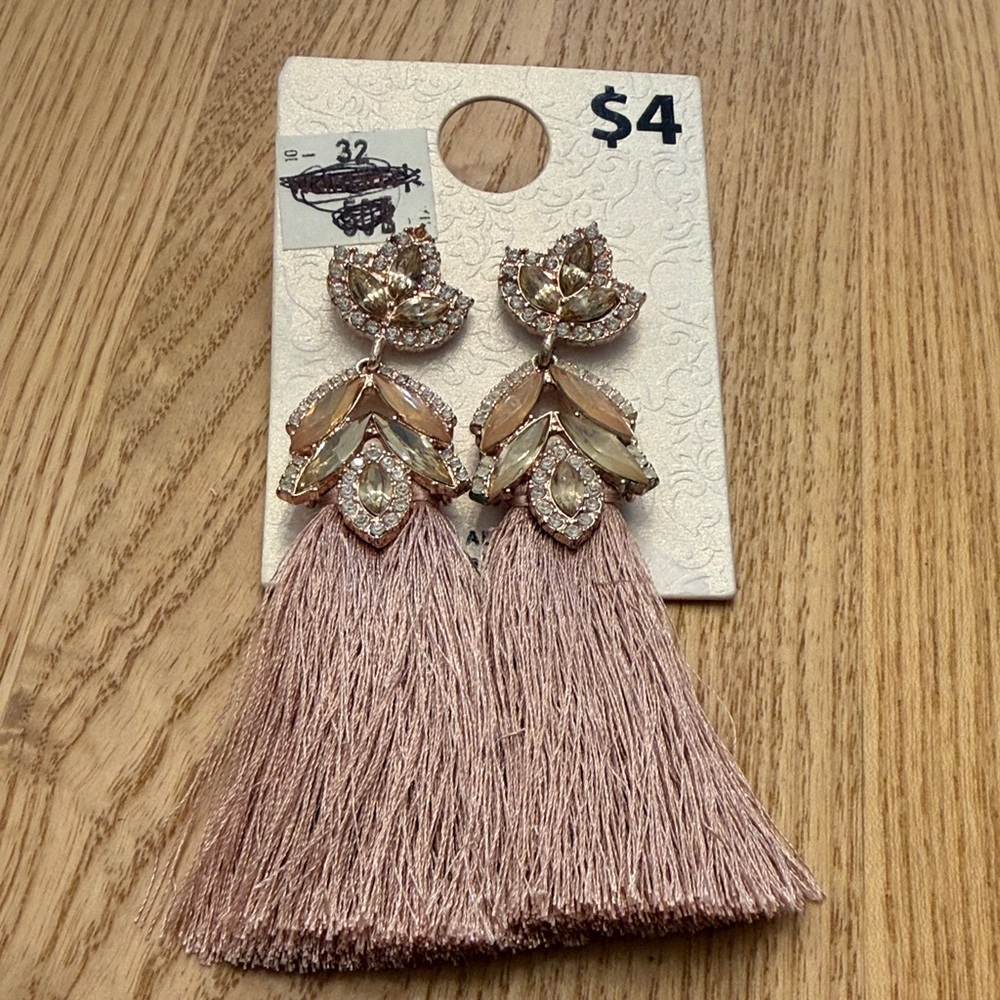 Rose Pink Tassel Drop Earrings with Crystal Accents